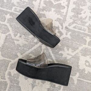 Karl Lagerfeld Black and Clear Platform Slides, Size 7.5